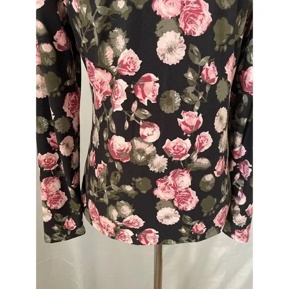 Hot Kiss Black Floral Print Long Sleeve Low V-Neck Strap Shirt - Picture 7 of 10